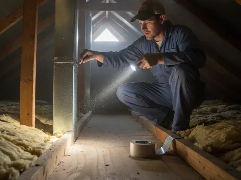 Technician inspecting attic ductwork before whole-house dehumidifier install in Aubrey home