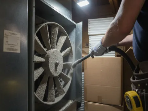Technician cleaning dusty blower wheel in older Providence Village furnace