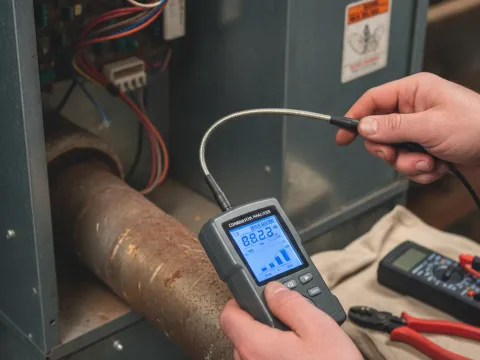 Technician using combustion analyzer during full heating system tune-up in Providence Village
