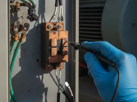 Multimeter testing corroded contactor inside rooftop HVAC unit electrical panel