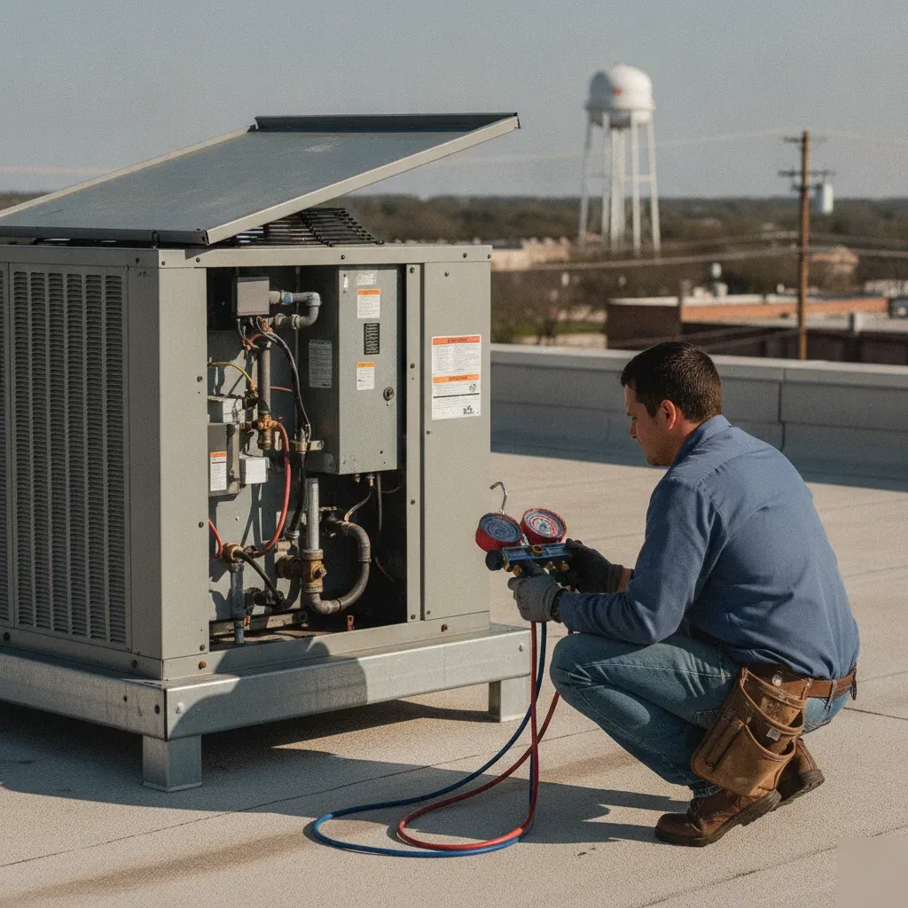 Technician checks gauge readings on a commercial rooftop HVAC unit in Aubrey