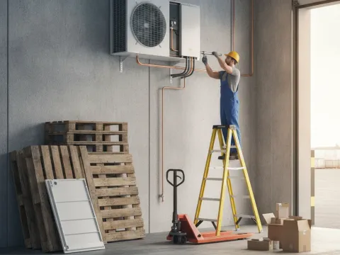 Technician repairs VRF indoor unit on ladder inside Aubrey warehouse loading dock