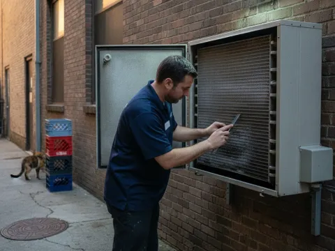 Technician straightens condenser coil fins on commercial walk-in cooler unit in Aubrey