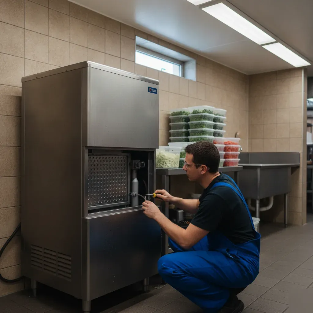 Technician services a commercial ice machine control panel in Aubrey