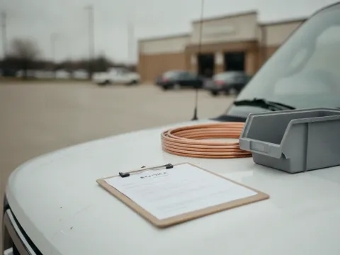 Parts and invoice clipboard on service van reflect commercial VRF repair costs in Aubrey