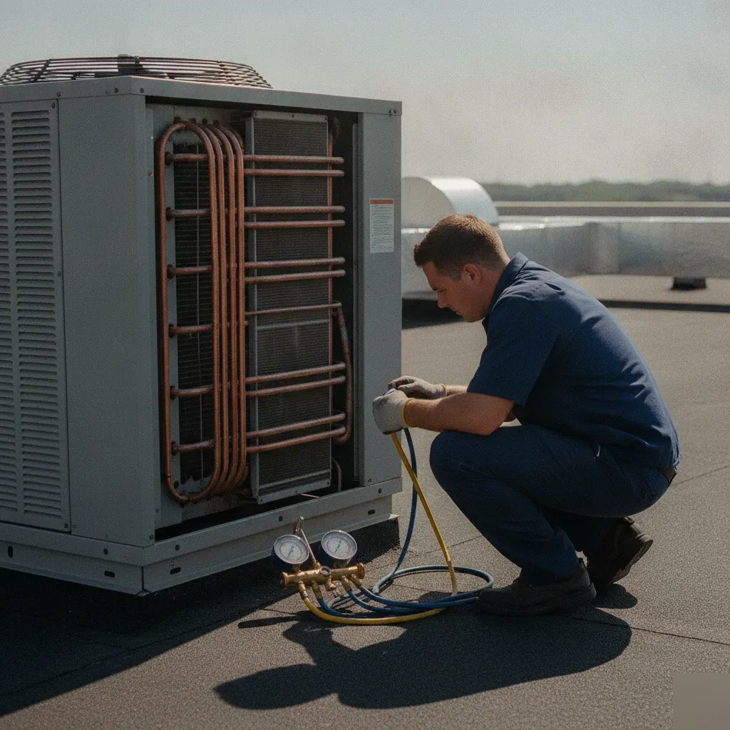 Rooftop condenser unit serving a commercial VRV/VRF system in Aubrey