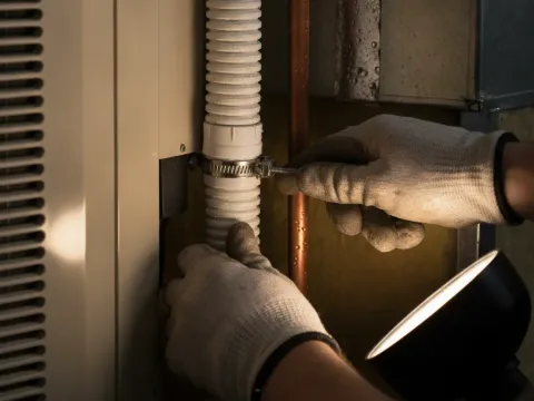 Close-up of hands securing drain line clamp on dehumidifier during Aubrey HVAC install