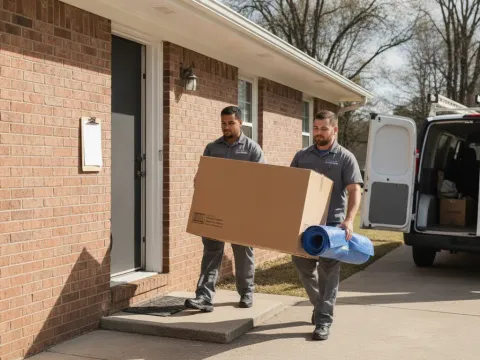 Technicians carrying mini-split unit into home for licensed installation in Aubrey
