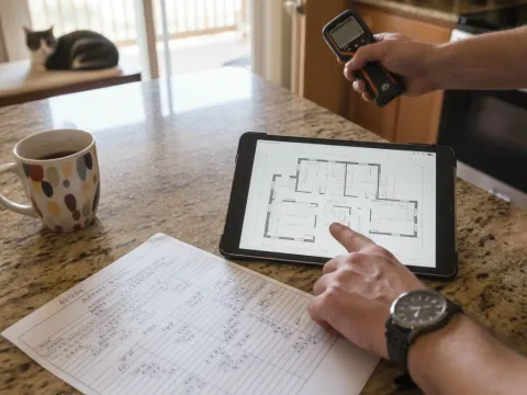 Technician measuring room for correctly sized mini-split system in Aubrey home