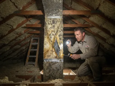 Technician inspecting moldy ductwork in Aubrey attic before UV purifier fix