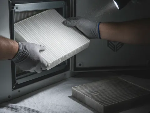 Technician replaces a filter during ERV maintenance in an Aubrey home