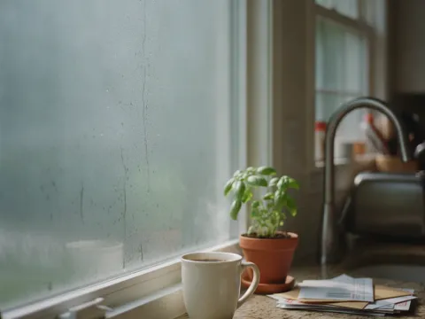 Condensation forming on a window inside an Aubrey home due to poor ventilation