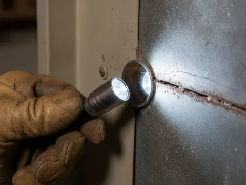Technician inspects a furnace heat exchanger for cracks during a safety inspection in Aubrey