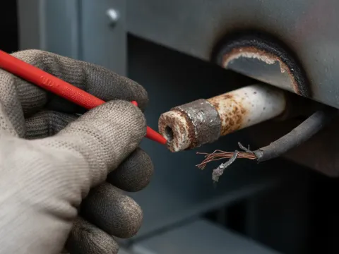 Close-up of corroded furnace igniter being tested during heating repair