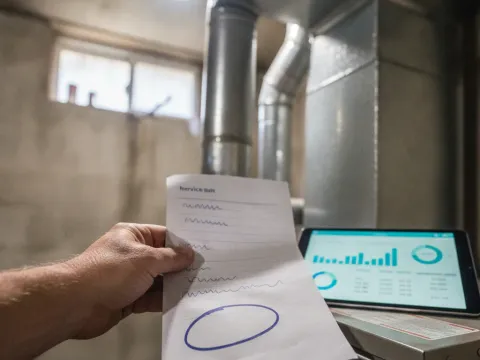 Technician reviews a furnace safety inspection pricing estimate with an Aubrey homeowner