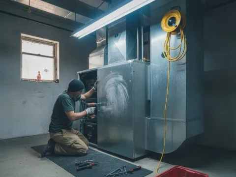 Technician reassembling furnace panel during professional heating repair service