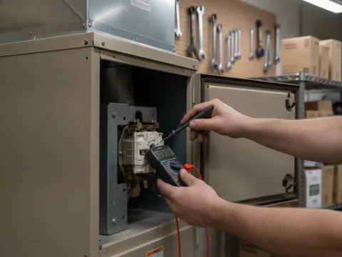 Technician testing furnace igniter with multimeter before recommending repair over replacement