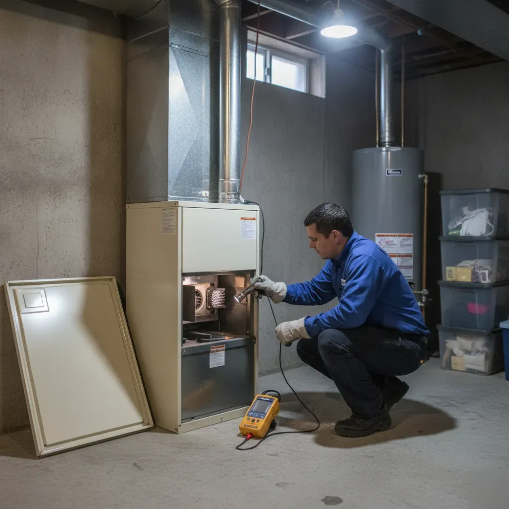 Technician inspects the burner chamber flame during a gas furnace safety inspection in Aubrey