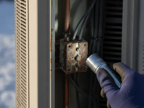 Close-up of a heat pump contactor and relay during a diagnostic inspection in Aubrey