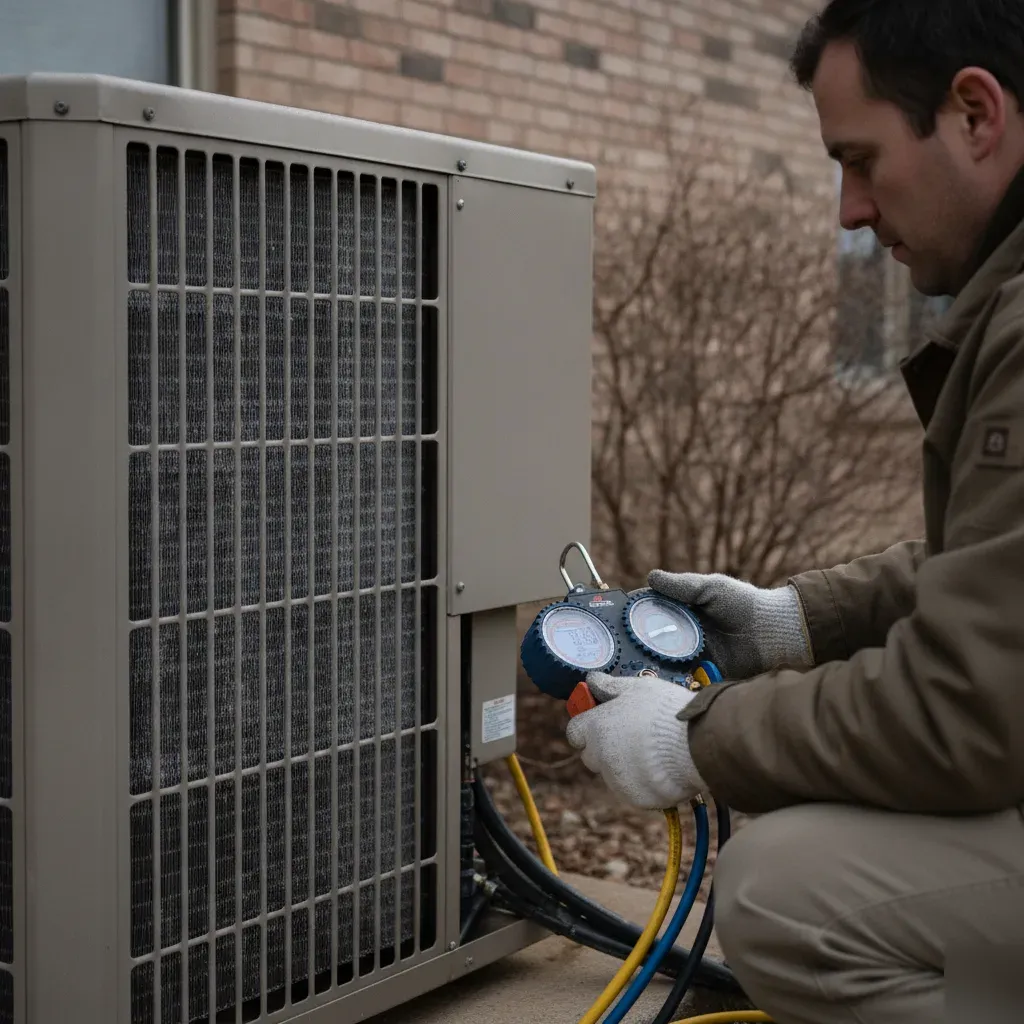 Technician inspects a frosted heat pump condenser during a repair visit in Aubrey