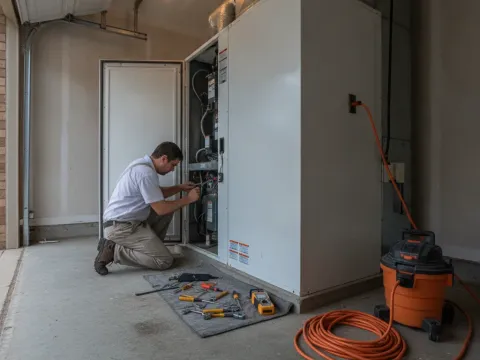 Technician services an indoor air handler during a heat pump repair visit in Aubrey