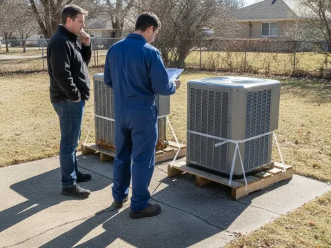 Comparison of an old heat pump unit being considered for replacement in Aubrey