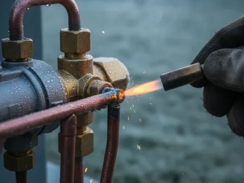 Technician inspects a heat pump reversing valve during a freeze-season repair in Aubrey