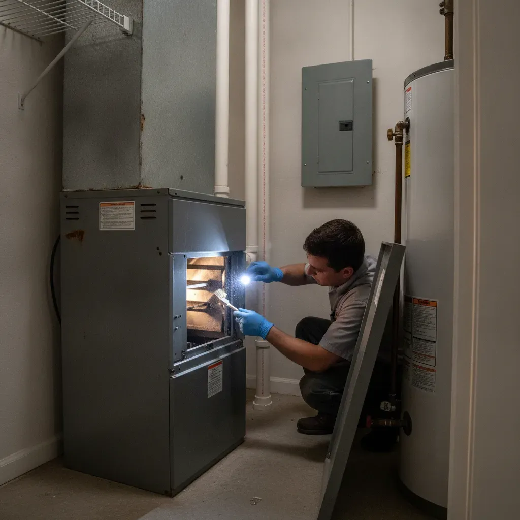 Technician inspecting a furnace during heating system maintenance in Providence Village