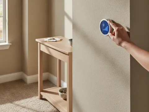 Homeowner adjusting thermostat at home after heating system installation in Providence Village