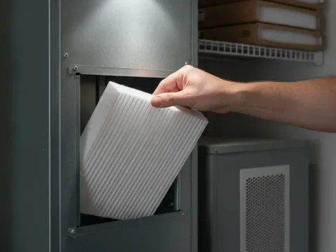 Hand installing clean furnace filter to protect new heating system in Providence Village