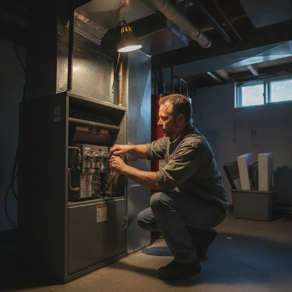 Furnace burner assembly during a heating system repair visit in Providence Village