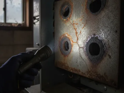 Technician inspecting corroded heat exchanger signaling need for heating system replacement
