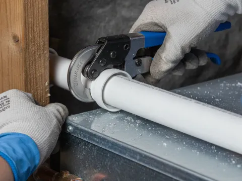 Close-up of PVC venting installed for a high-efficiency furnace in an Aubrey home