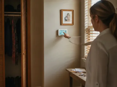 Homeowner adjusting thermostat after high-efficiency furnace install in Aubrey
