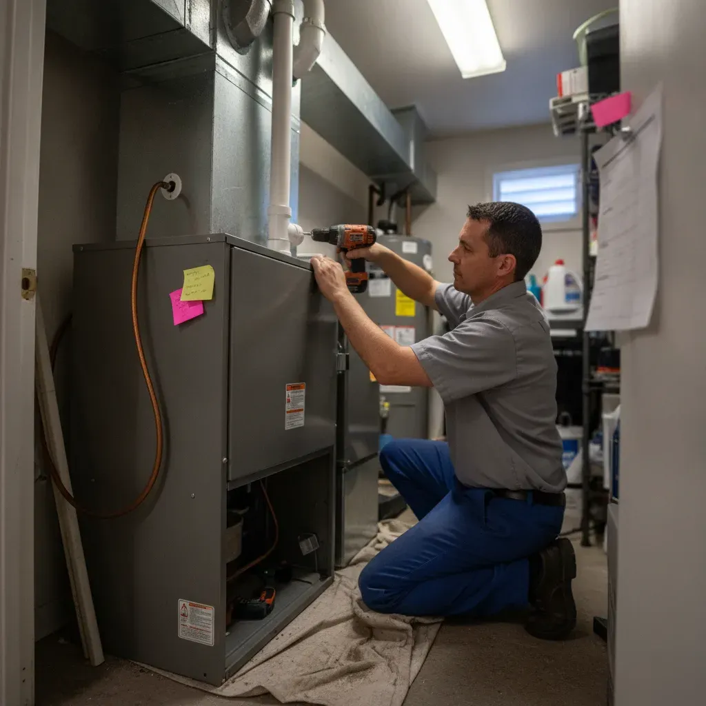 High-efficiency furnace installed in a utility closet in an Aubrey home
