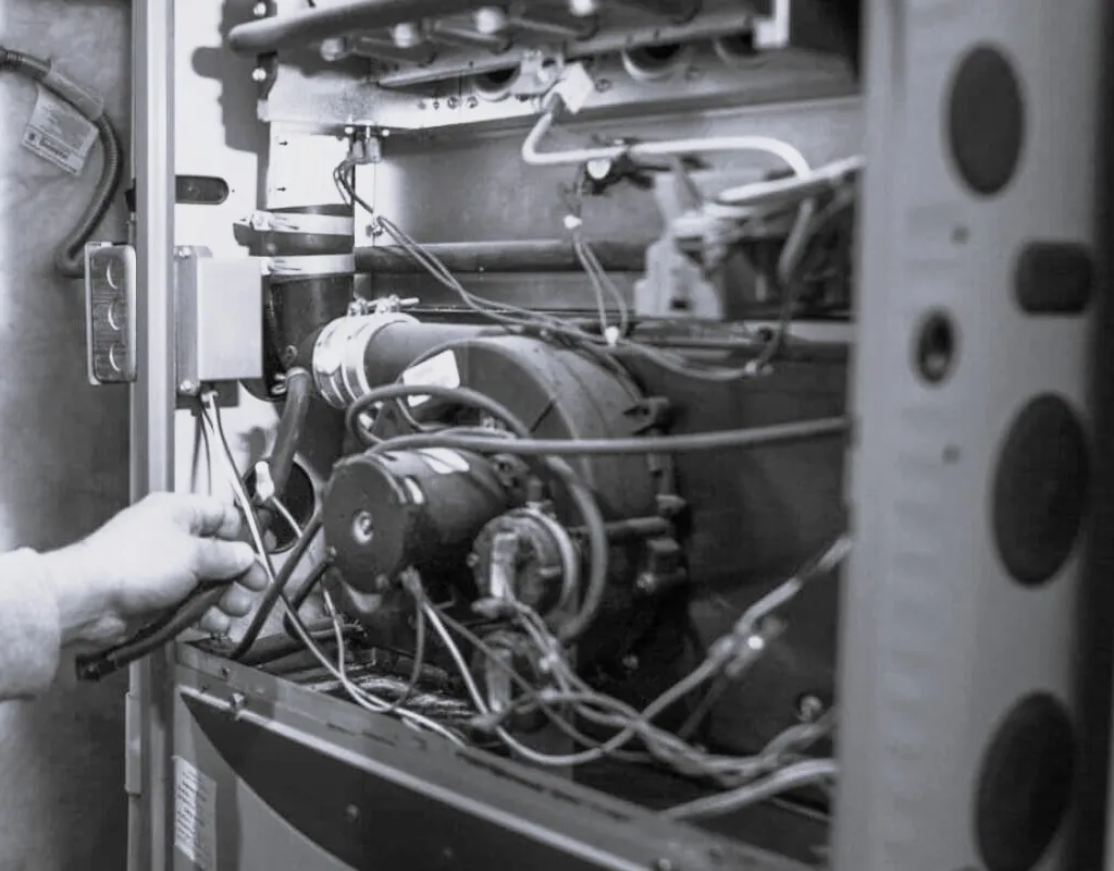 Anytime Heating &amp; Air technician servicing an outdoor condenser unit during a scheduled maintenance tune-up in Aubrey