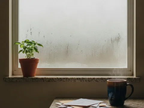 Fogged kitchen window shows humidity signs in Aubrey home needing dehumidifier install
