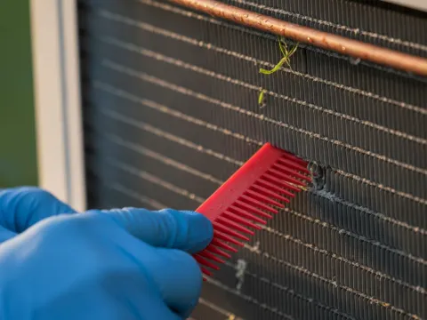 Close-up of technician straightening condenser coil fins during HVAC tune-up