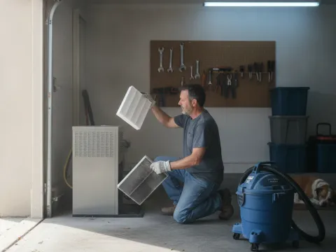 Homeowner comparing dirty and clean furnace filters in Providence Village garage