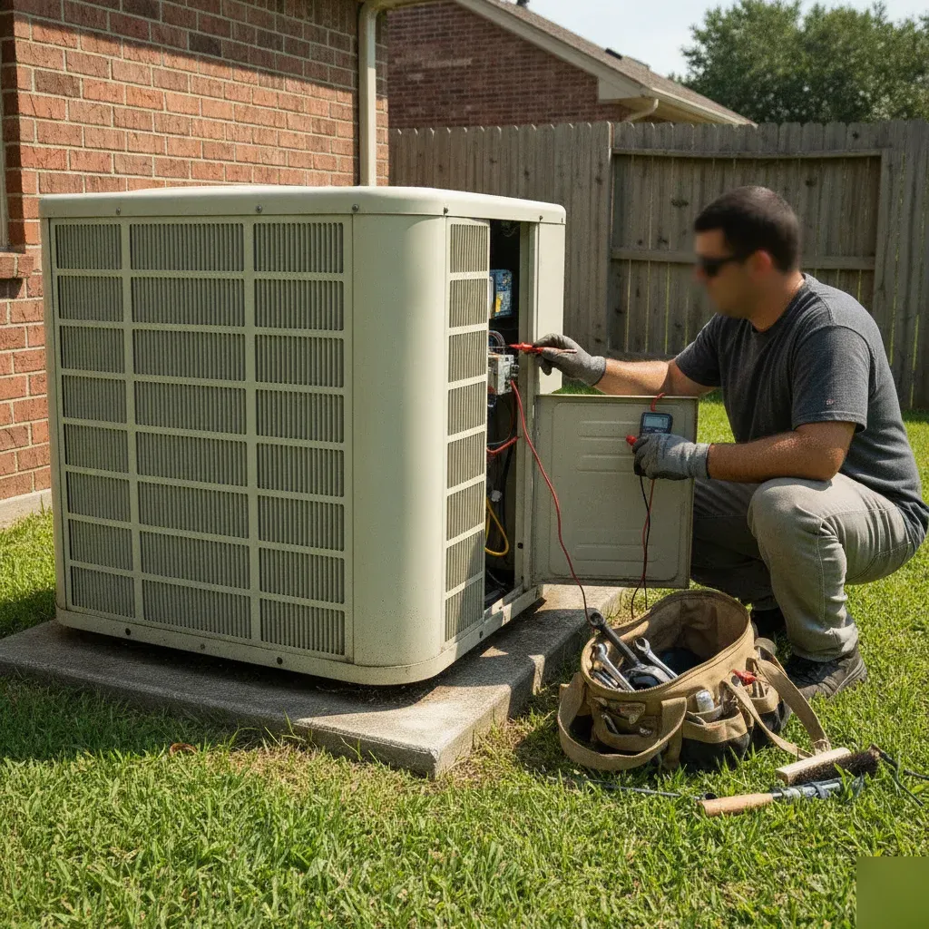 Freshly tuned-up HVAC condenser unit outside a Providence Village home