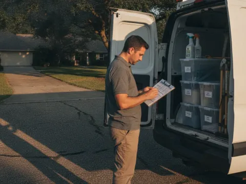 Technician reviewing maintenance pricing checklist beside service van in Providence Village