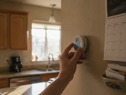 Homeowner adjusting thermostat at home noticing HVAC performance in Providence Village
