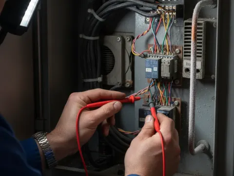 Technician tests ice machine electrical components during Aubrey service visit