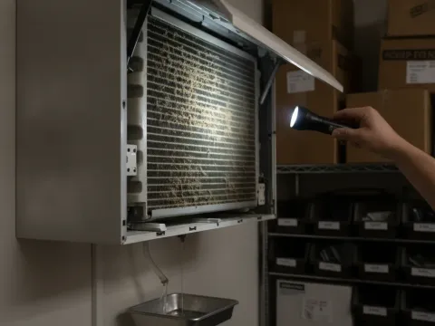 Technician inspects dirty mini-split coil, distinct from true VRF system, in Aubrey storeroom