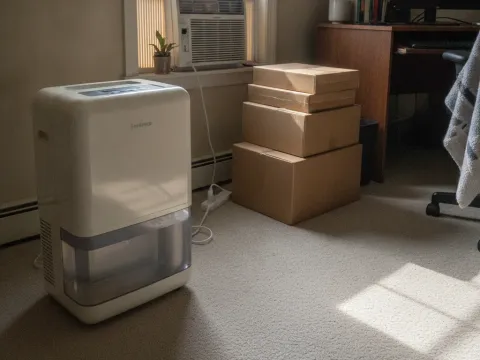 Portable dehumidifier unit in Aubrey home office compared to whole-house system option