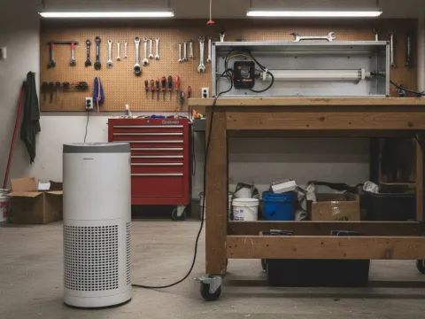 Portable and in-duct UV air purifier units compared in Aubrey workshop