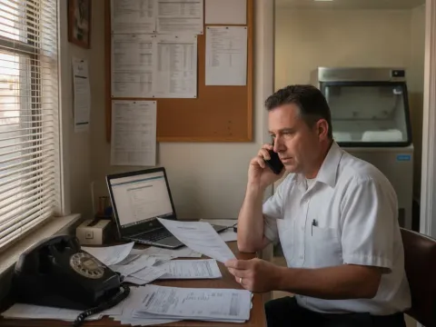 Restaurant manager reviews service contract before calling Aubrey technician