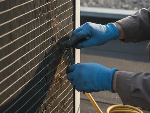 Close-up repairing bent condenser fins on a rooftop HVAC unit in Aubrey
