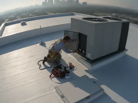 Technician using a rooftop safety harness during RTU repair access in Aubrey