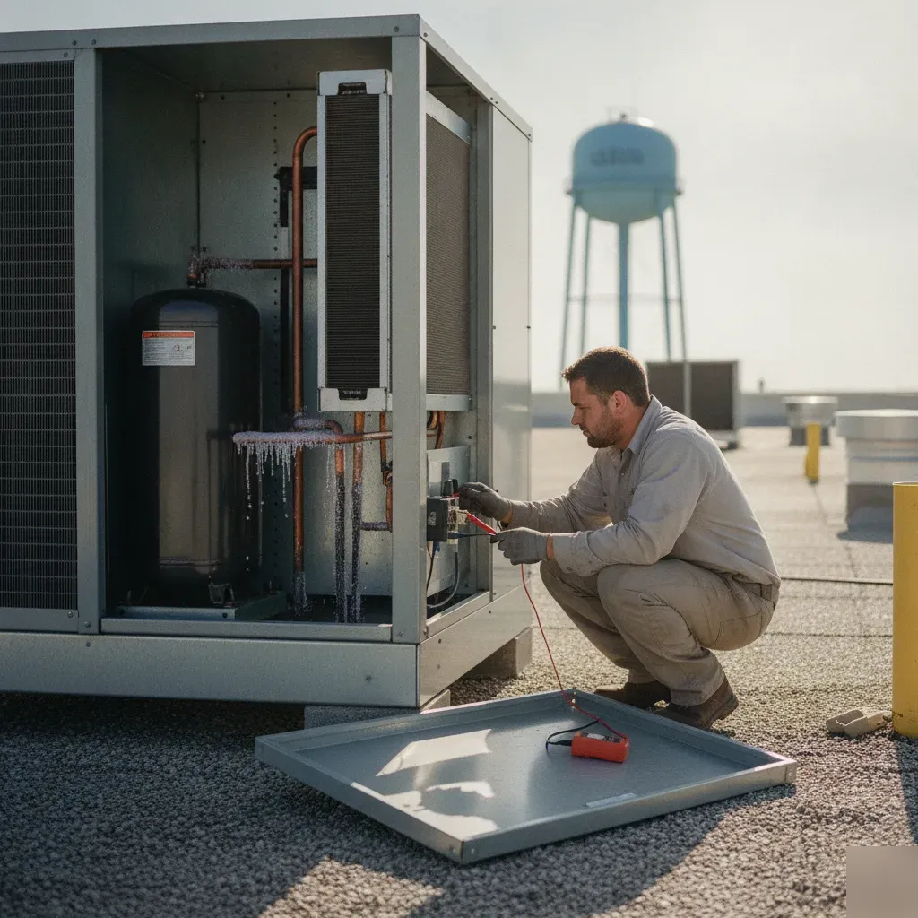 Technician diagnosing a rooftop HVAC unit during a commercial repair visit in Aubrey